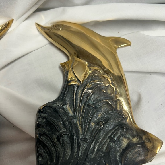 Vintage Brass Metal Dolphin With Ocean Waves Nautical Bookends MCM 70s - Picture 8 of 16